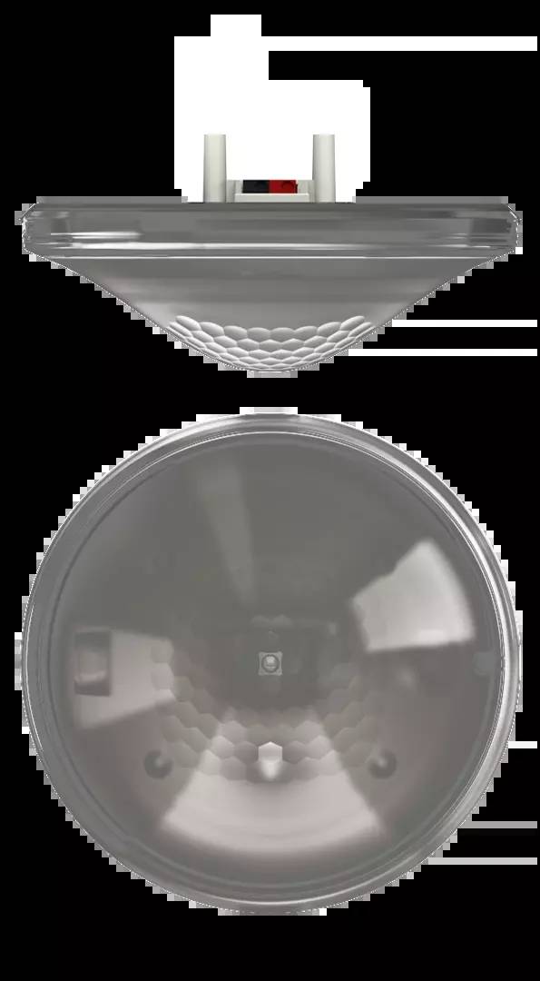 Zwei Sensoren übereinander: oben ist ein runder Deckensensor, unten ein naher Blick auf denselben Sensor mit sichtbaren Linsen.