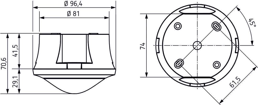 Technische Zeichnung eines Bauteils mit Maßen in Millimetern. Links: Seitenansicht mit 95,4 mm; Rechts: Draufsicht mit 74 mm.