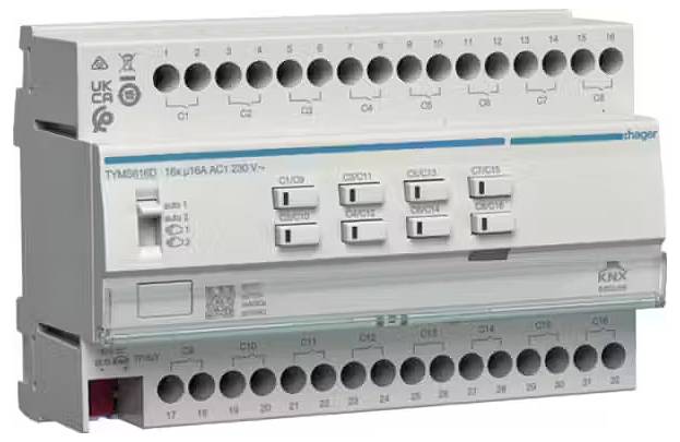 Ein elektrisches Installationsgerät mit mehreren Schaltern und Anschlussklemmen. Markierungen und Symbole sind zur Identifikation sichtbar.