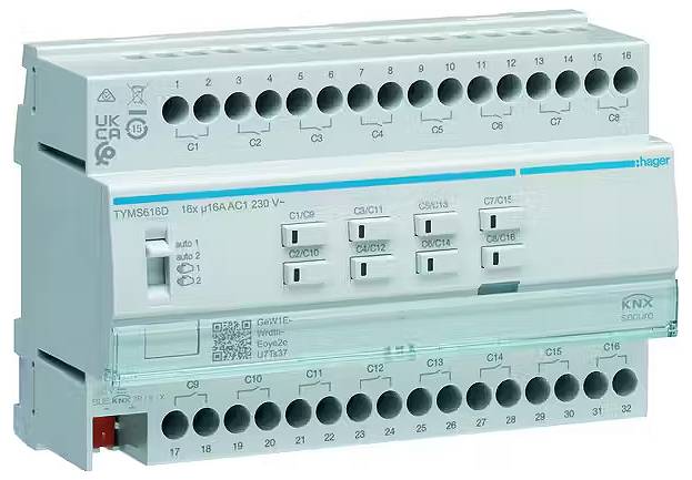 Ein Verteilerkasten mit mehreren Anschlussklemmen und Schaltern. Beschriftet mit 'TYMS16D 16x16A 230V~'. Verwendung in elektrischen Schaltungen.