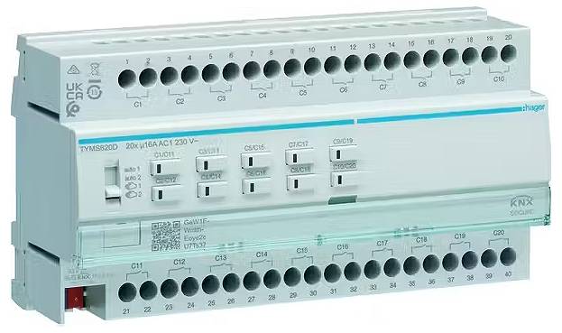 Ein KNX-Schaltaktor mit mehreren Kanälen und Tasten zur Steuerung von Stromkreisen in einem Gebäudeautomationssystem.