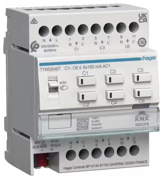 Ein elektronisches Schaltgerät von Hager mit mehreren Steckplätzen und Beschriftungen für C1 bis C6. Geeignet für 24-240V Spannung.
