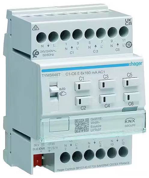 Elektrisches Modul mit Anschlüssen, Schaltern und Beschriftungen für Steuerungs- und Schutzzwecke in elektrischen Systemen.