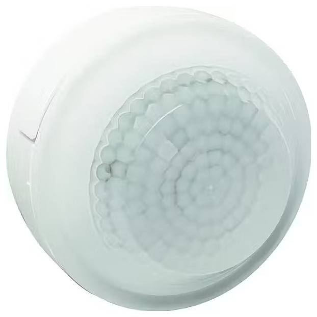 Ein runder Bewegungssensor mit weißem Gehäuse und transparenter Linse, geeignet für die Decken- oder Wandmontage zur Bewegungserkennung.