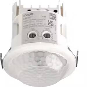 Sensor mit Bewegungsmelder, runder weißer Korpus, zur Deckenmontage. Eignet sich zur Erfassung von Bewegung für Lichtsteuerung.