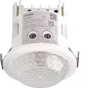 Ein runder Bewegungsmelder von Hager, Modell EE804A, für die Deckenmontage, mit integriertem Passiv-Infrarot-Sensor, weiß.