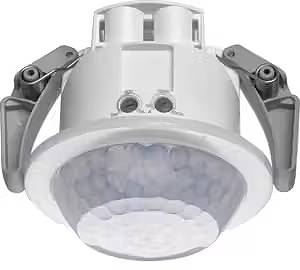 Deckenmontierter Bewegungssensor mit runder Linse und zwei Montageschienen, verwendet zur Erkennung von Bewegung in einem Raum.