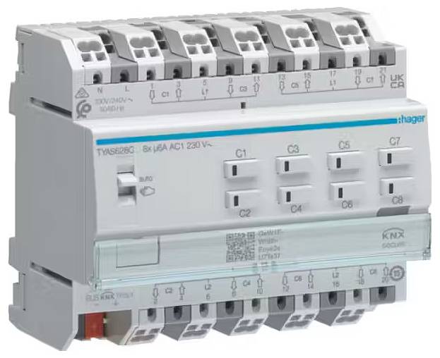 Relaismodul mit acht Schaltern, geeignet für 230 V AC. Markenlogo oben rechts. Anschlüsse nummeriert von C1 bis C8 unten.