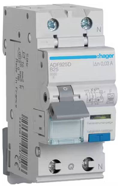 Ein Leistungsschutzschalter von Hager, Modell ADF925D, mit einem Nennstrom von 25 A und einem FI-Schutz bei 0,03 A.