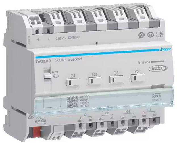 'Elektroinstallationsgerät mit vier Schaltern, Produktname 'Hager', beschriftet mit technischen Spezifikationen und Symbolen.'