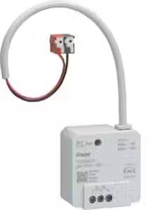 Ein weißes KNX-Schaltmodul mit drahtgebundenem Anschluss, geeignet zur Steuerung von Beleuchtungssystemen in intelligenten Gebäuden.