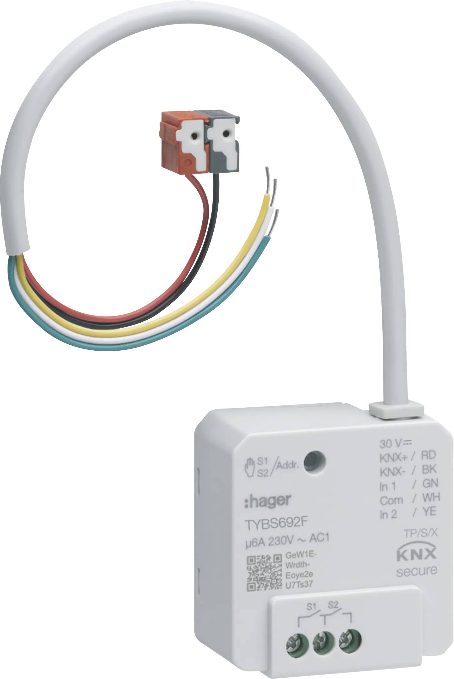 Ein KNX-Modul der Marke Hager mit mehreren Kabelanschlüssen, verwendet zur Steuerung von Elektrogeräten in Smart-Home-Installationen.