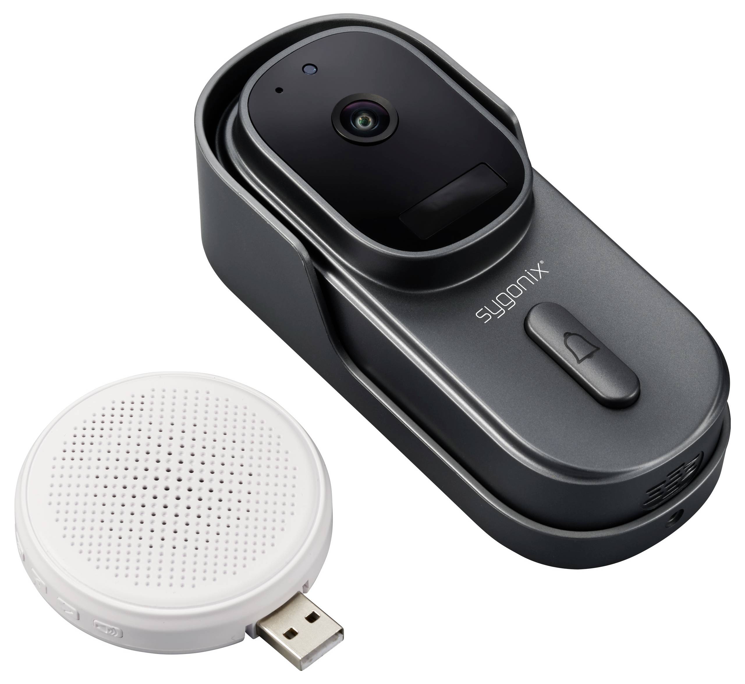 Alarmsystem mit Kamera und Lautsprecher. Kamera ist schwarz und rechteckig, Lautsprecher rund und weiß mit USB-Anschluss.