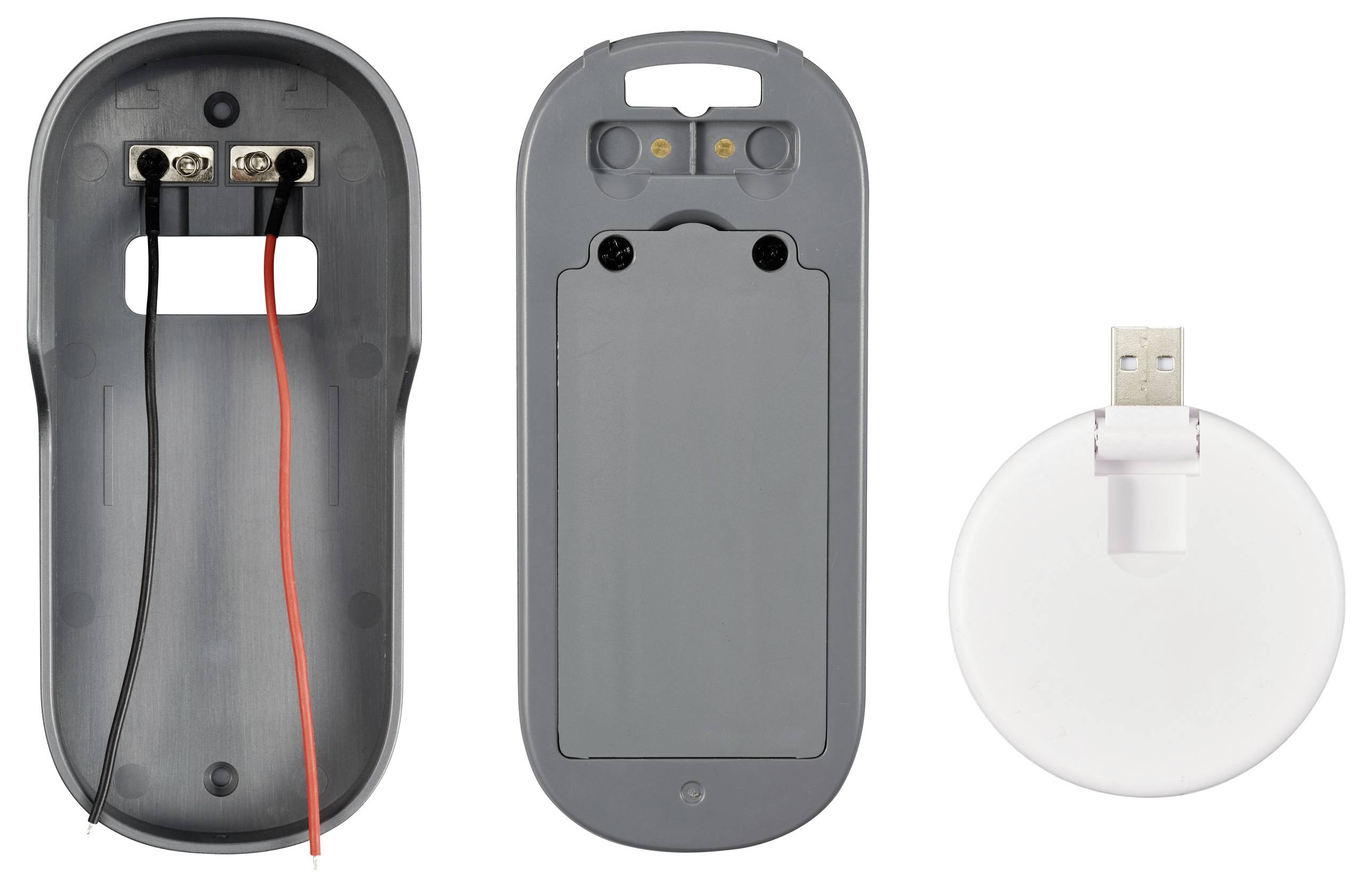 Drahtloser Mauskörper auseinandergebaut. Links Gehäuse mit Kabeln, rechts Rückseite mit Batterieabdeckung und USB-Dongle.