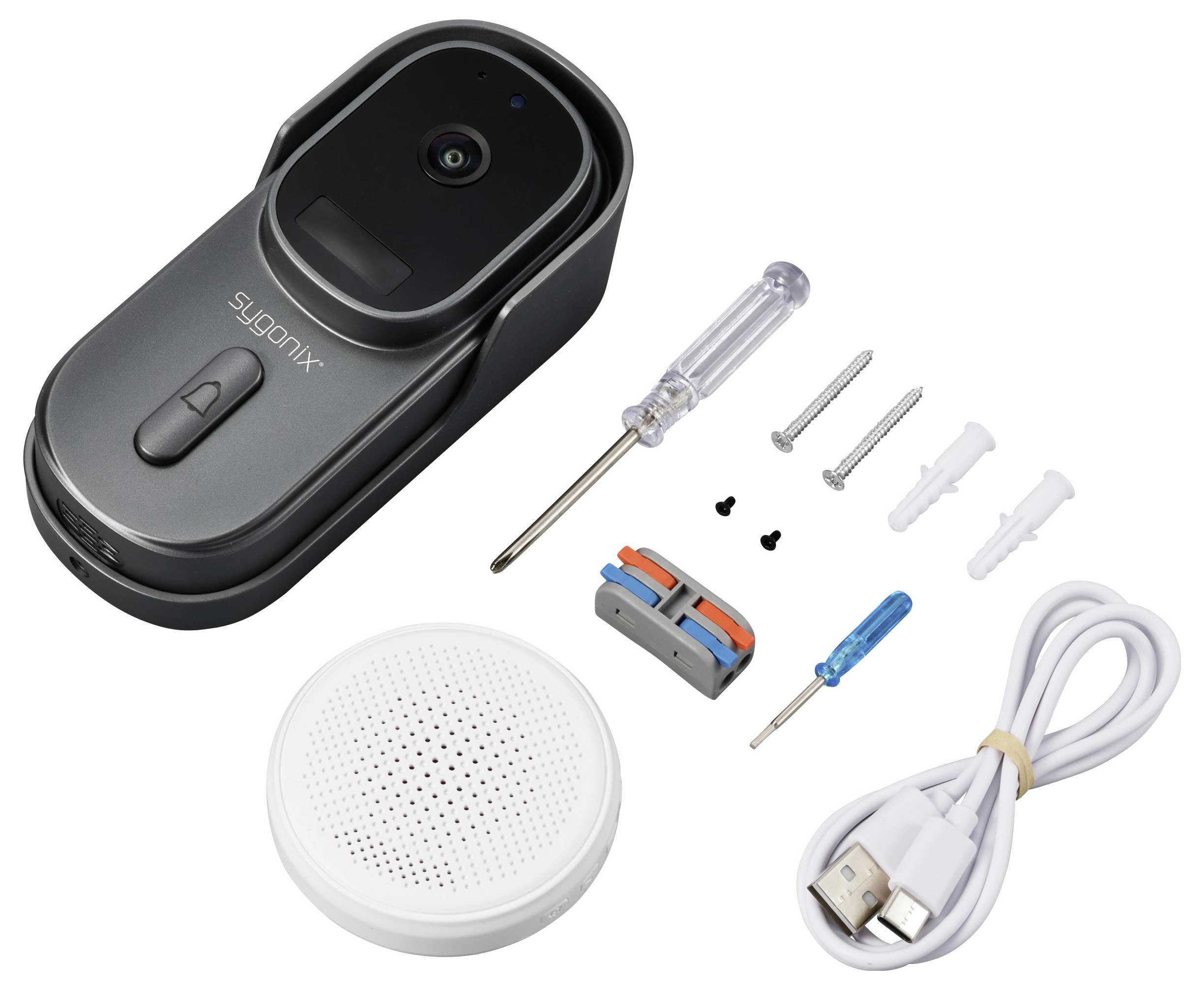 Video-Türklingel-Kit mit Kamera, Lautsprecher, Schrauben, Dübeln, Schraubendrehern, USB-Kabel und Klemmen; Markenname sichtbar.
