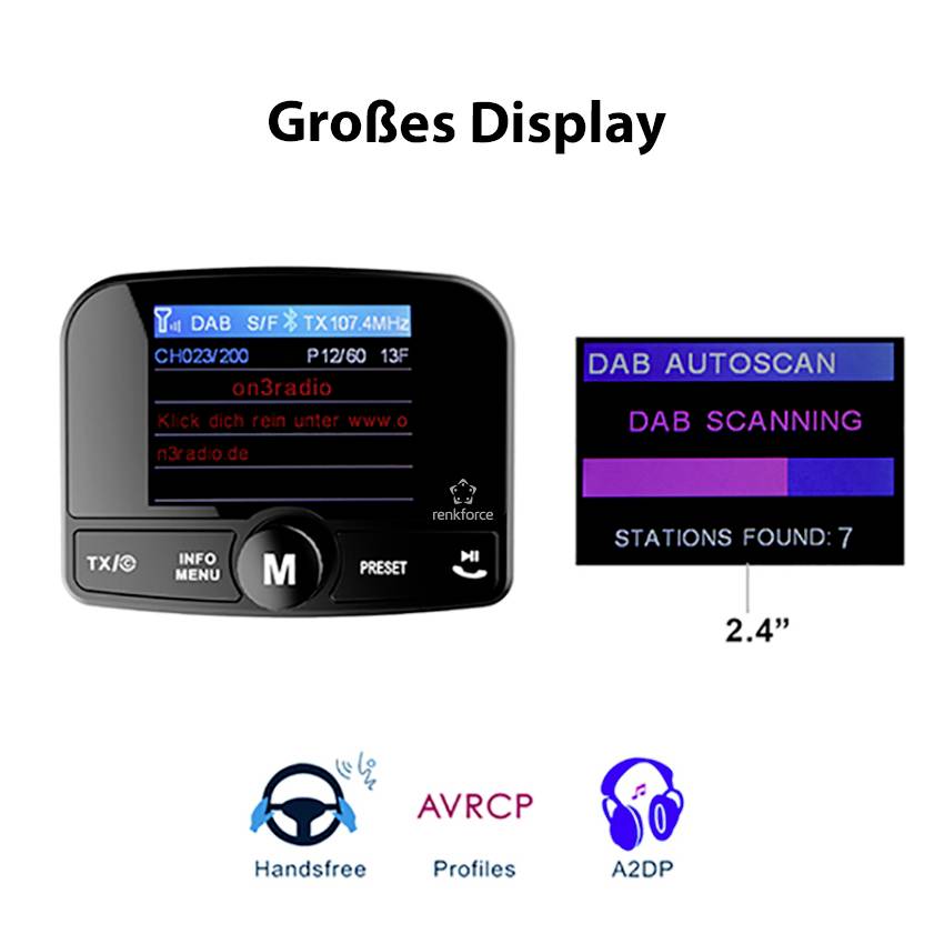 Renkforce RF-CRDAB-100 DAB+ Empfänger Saugnapfhalterung, Bluetooth Musikstreaming
