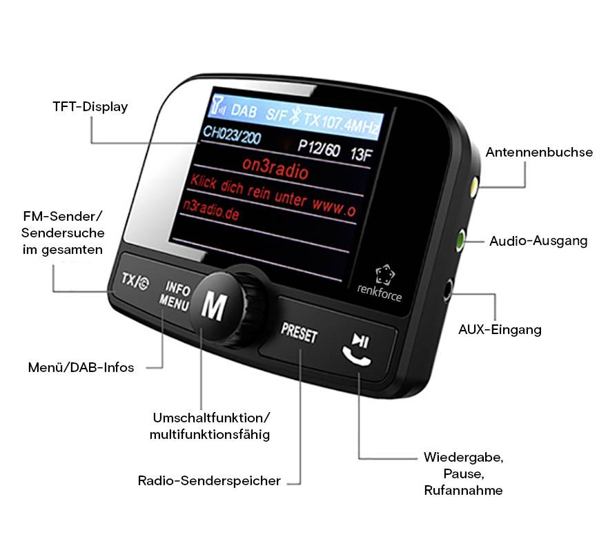 Renkforce RF-CRDAB-100 DAB+ Empfänger Saugnapfhalterung, Bluetooth Musikstreaming
