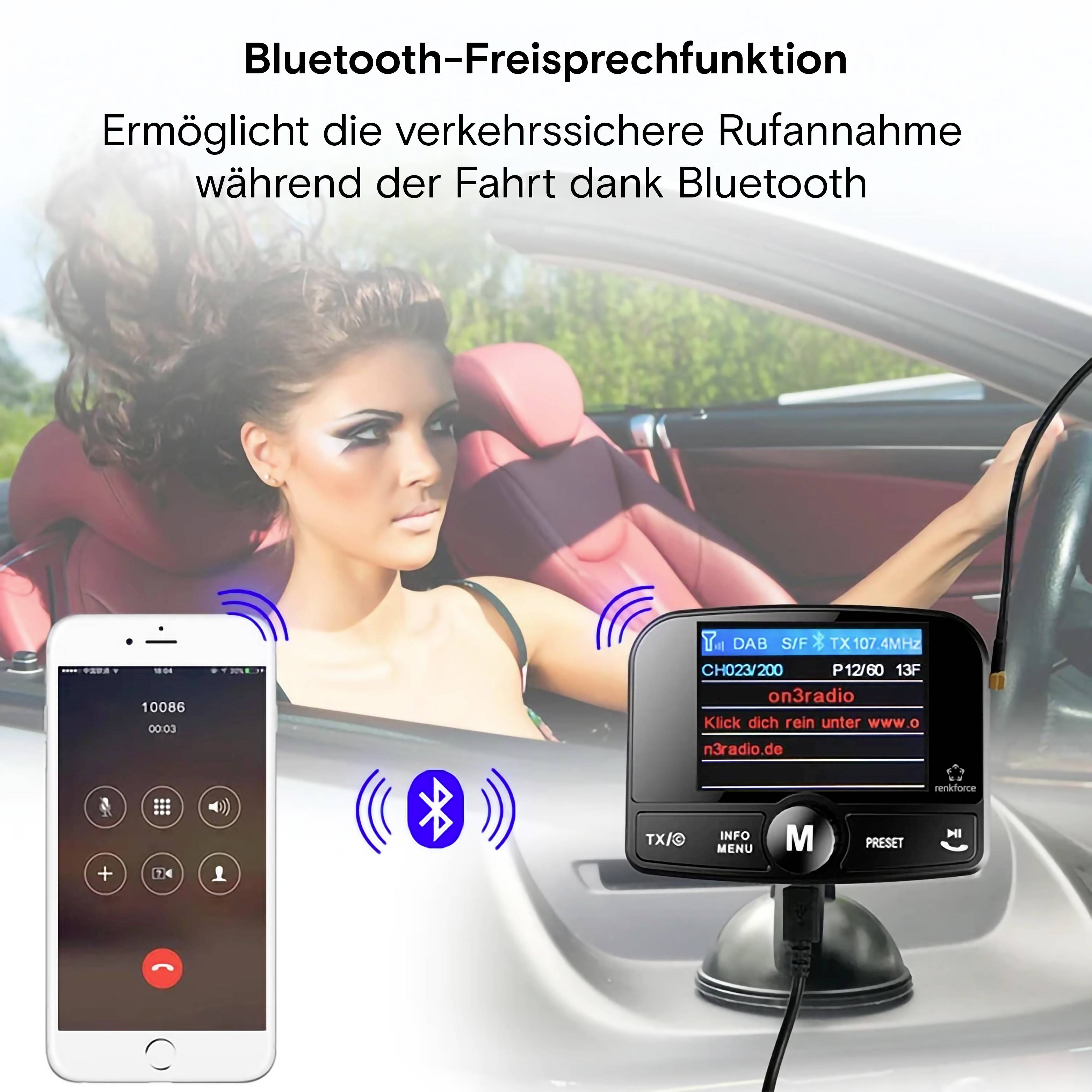 Renkforce RF-CRDAB-100 DAB+ Empfänger Saugnapfhalterung, Bluetooth Musikstreaming