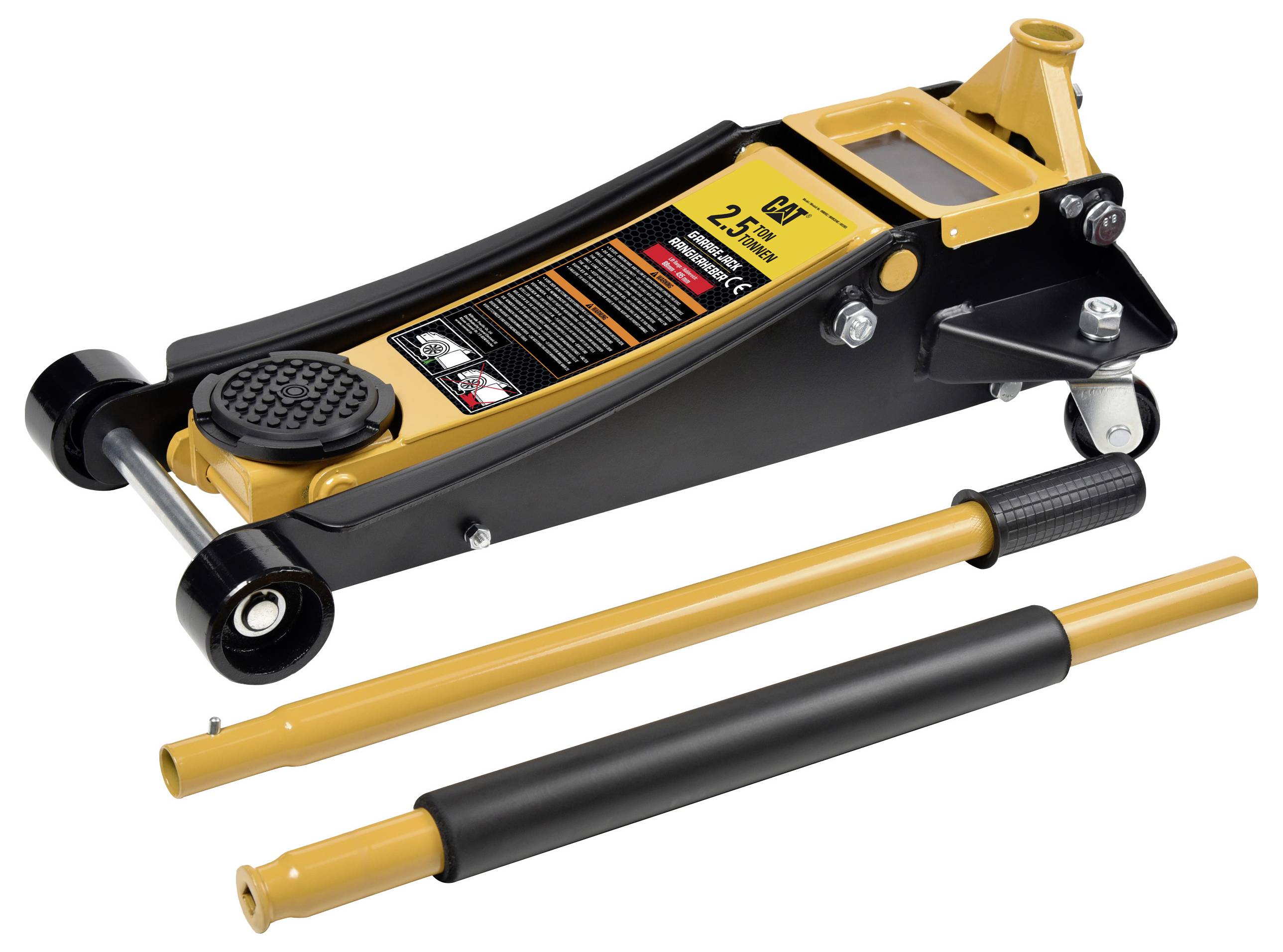 Ein gelber und schwarzer Wagenheber mit der Beschriftung „2,5 Tonnen