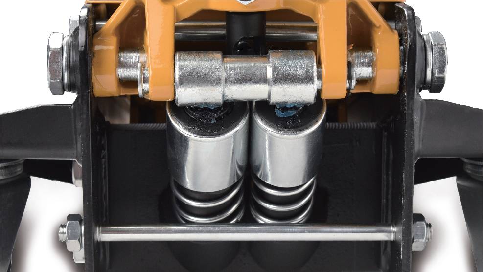 Nahaufnahme einer mechanischen Komponente mit zwei sichtbaren silbernen Federn, Metallstäben und Schrauben, die Teil eines größeren Maschinensystems ist.