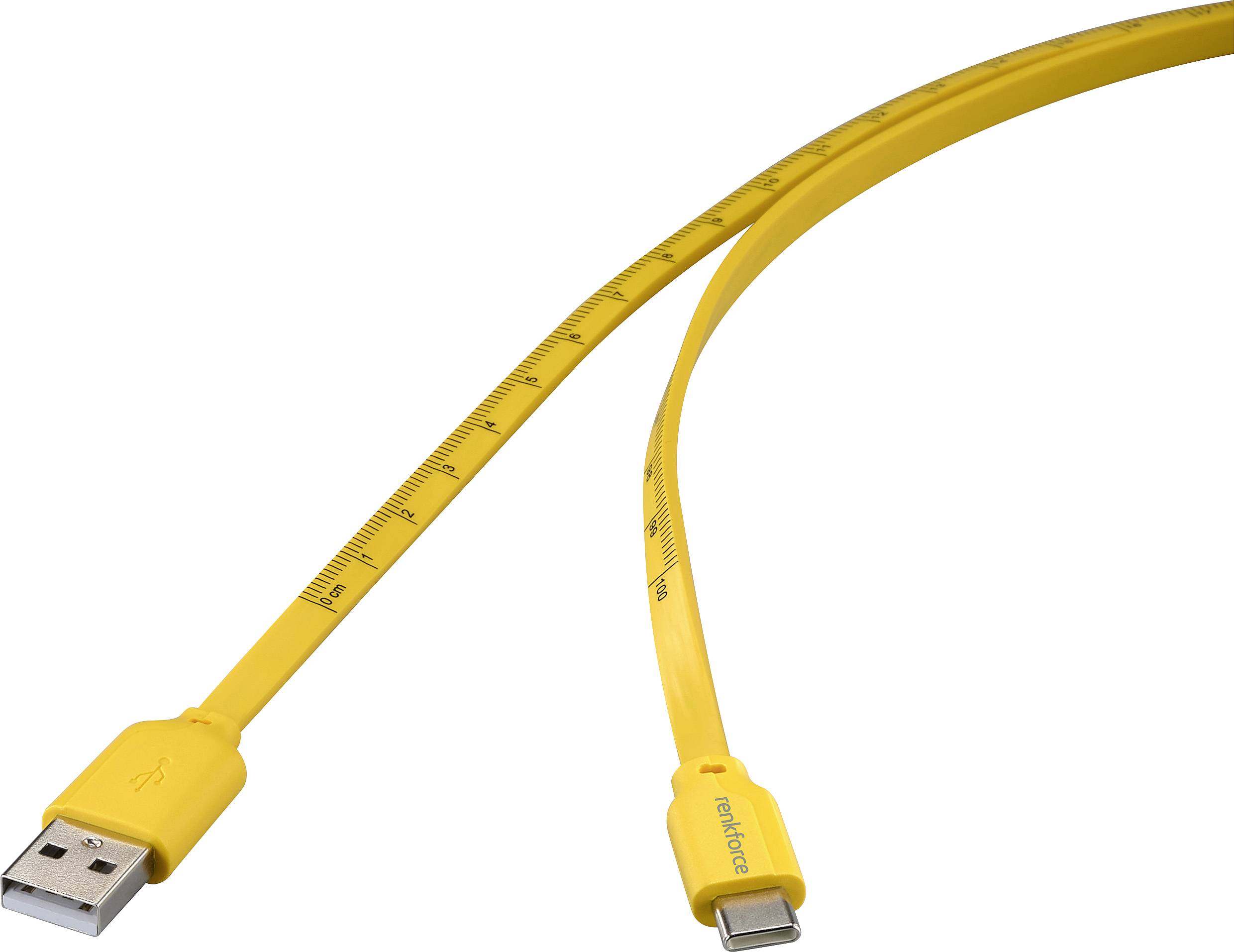 Gelbes USB-Kabel mit aufgedrucktem Maßband, das an einem Ende einen USB-Stecker und am anderen ein USB-C-Stecker hat.