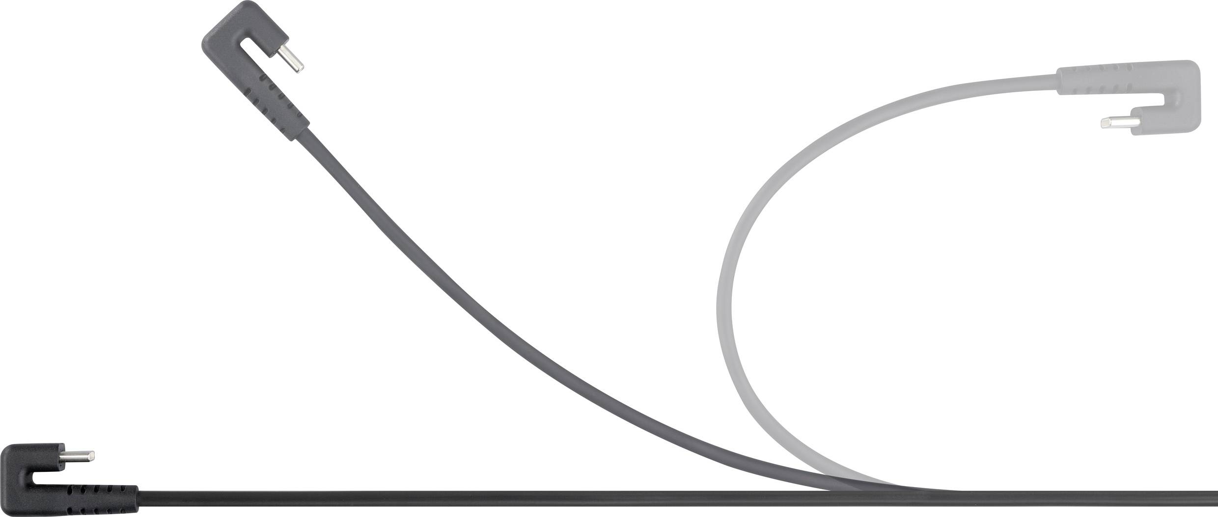 Graues Elektrokardiogramm-Kabel mit zwei Steckern an einem Ende, einem spiralförmigen Teil und einem geraden Abschnitt am anderen Ende.