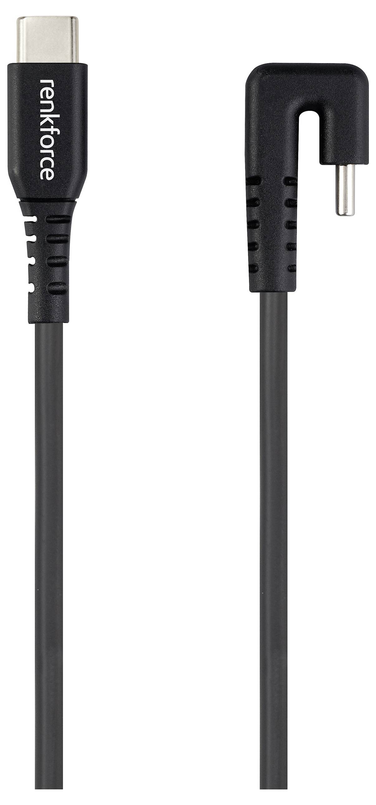 USB-C auf 90° Rundstecker-Kabel, schwarz, mit der Aufschrift 'Renkforce' am USB-C Anschluss.