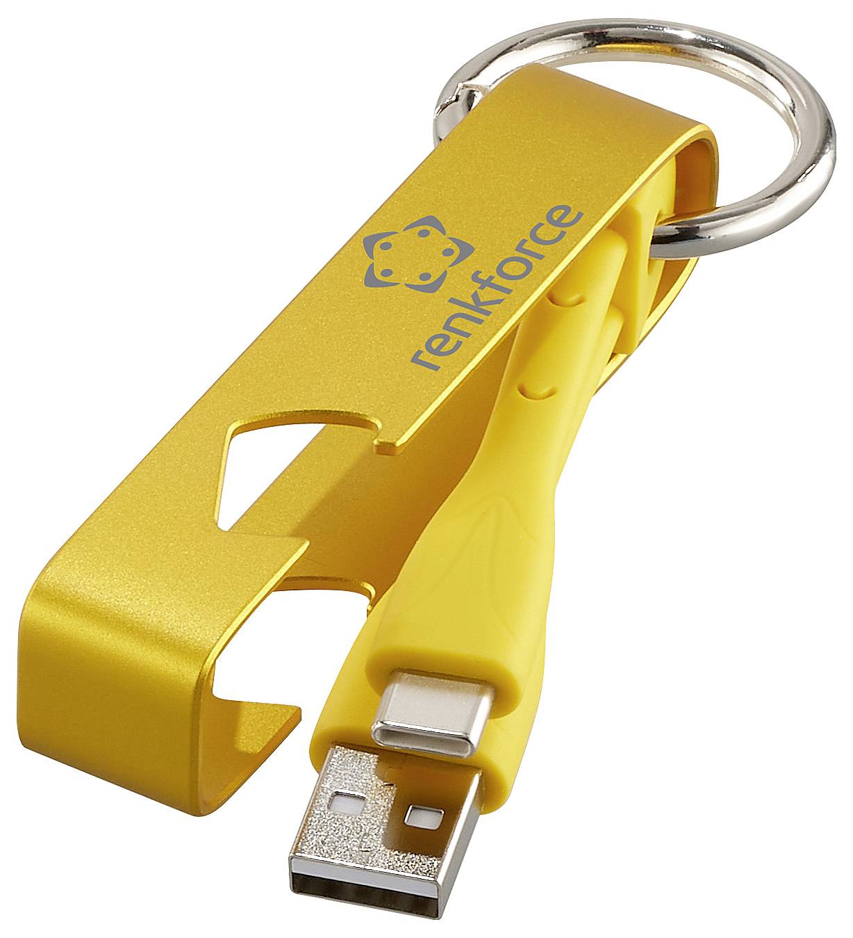 Gelber USB-Stick mit Flaschenöffner und Schlüsselanhänger, Aufschrift 'renkforce'. Kombiniert praktische USB-Speicherung mit Alltagsfunktion.