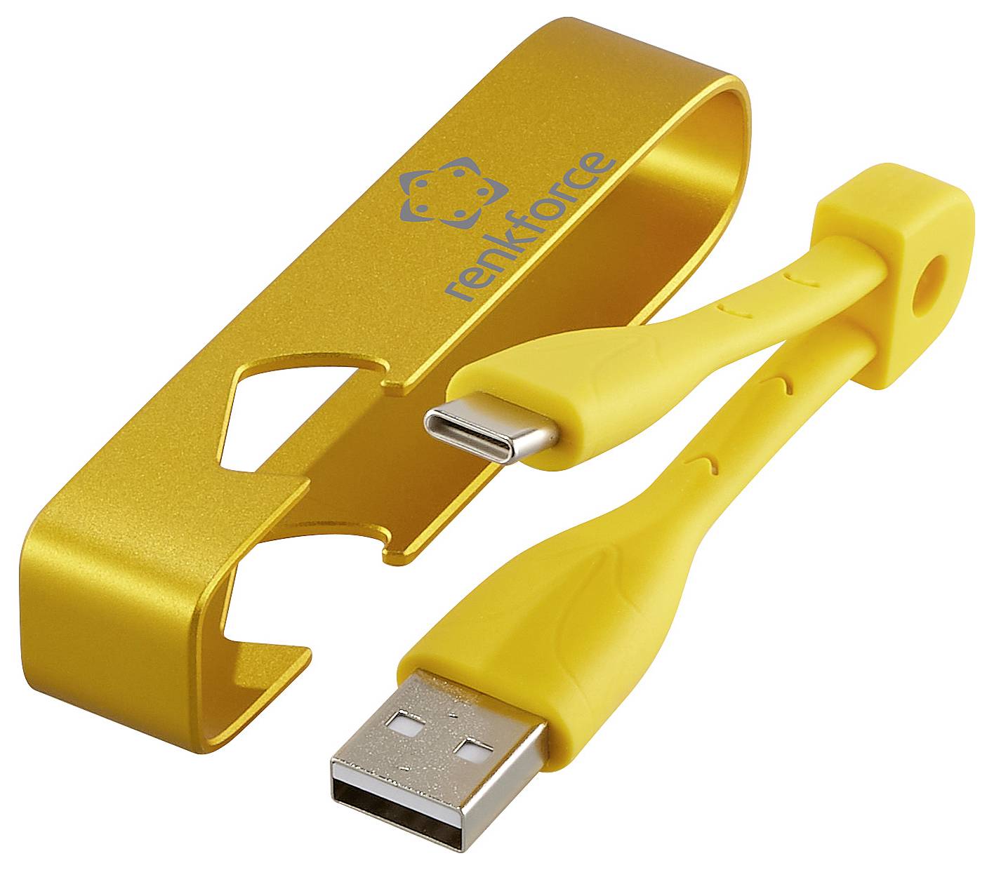USB-Stick-Set mit gelbem USB-Kabel und Flaschenöffner, mit 'renkforce' Logo. Praktisch für Datenspeicherung und Alltagsgebrauch.