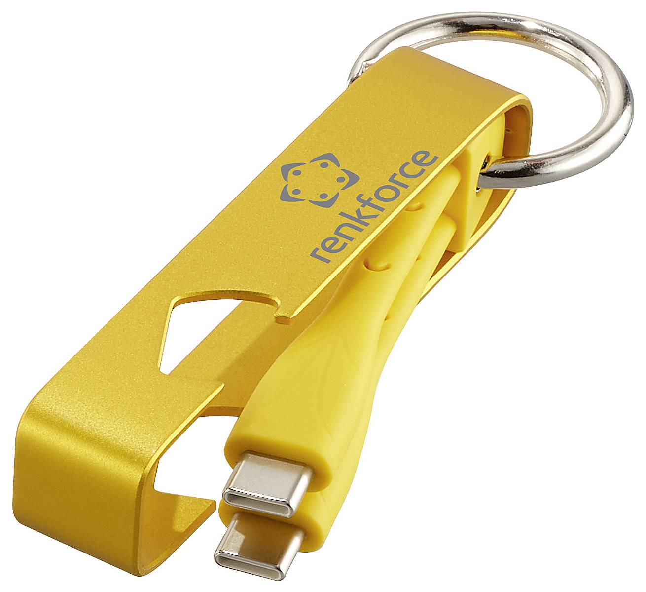 Gelber Schlüsselanhänger mit USB-C-Ladekabel und Flaschenöffner. Marke 'Renkforce' aufgedruckt. Enthält Schlüsselring.