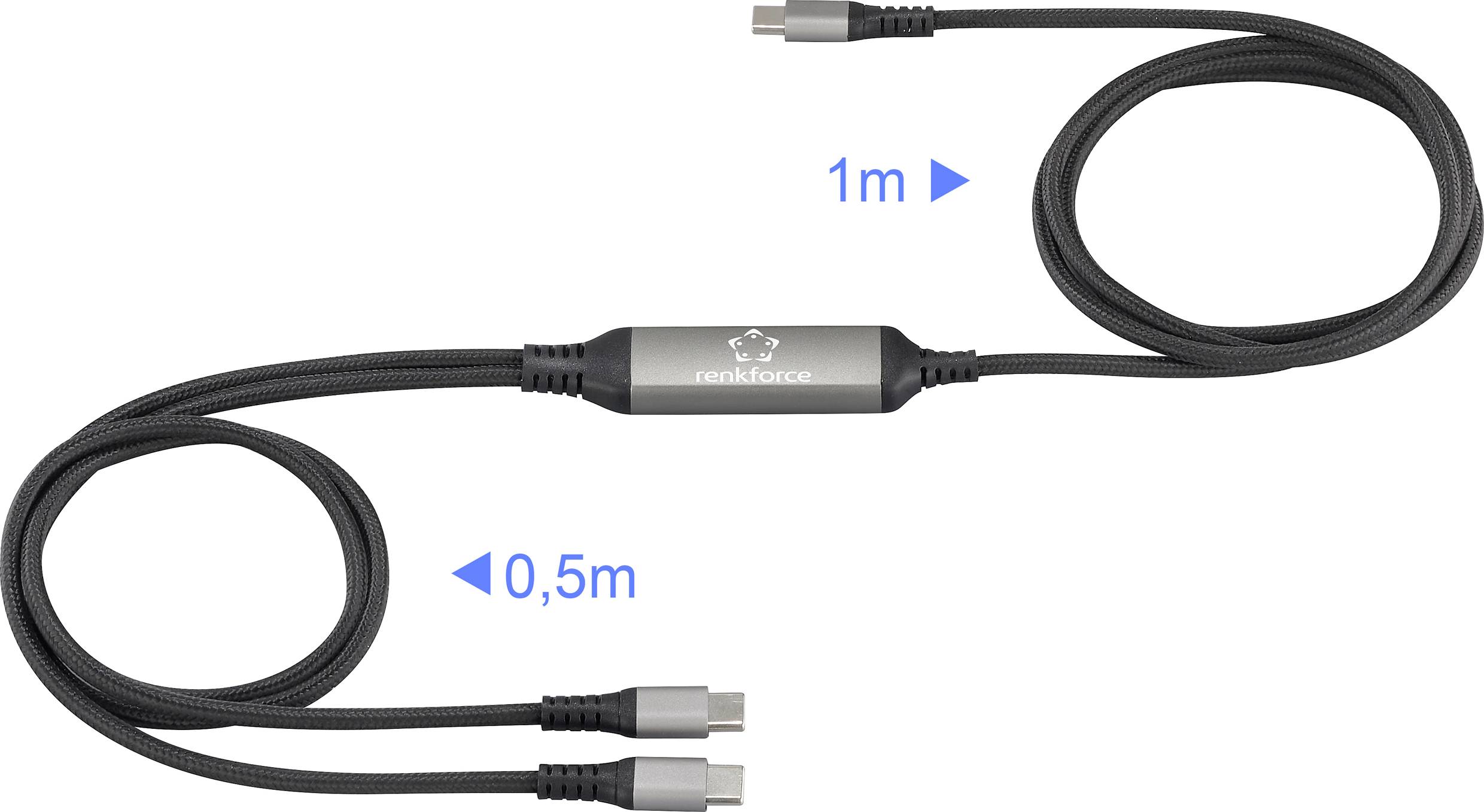 USB-C-Kabel mit zwei Anschlüssen auf einer Seite (je 0,5 m) und einem Anschluss auf der anderen (1 m). Hauptkommunikationskabel für schnelle Datenübertragung.