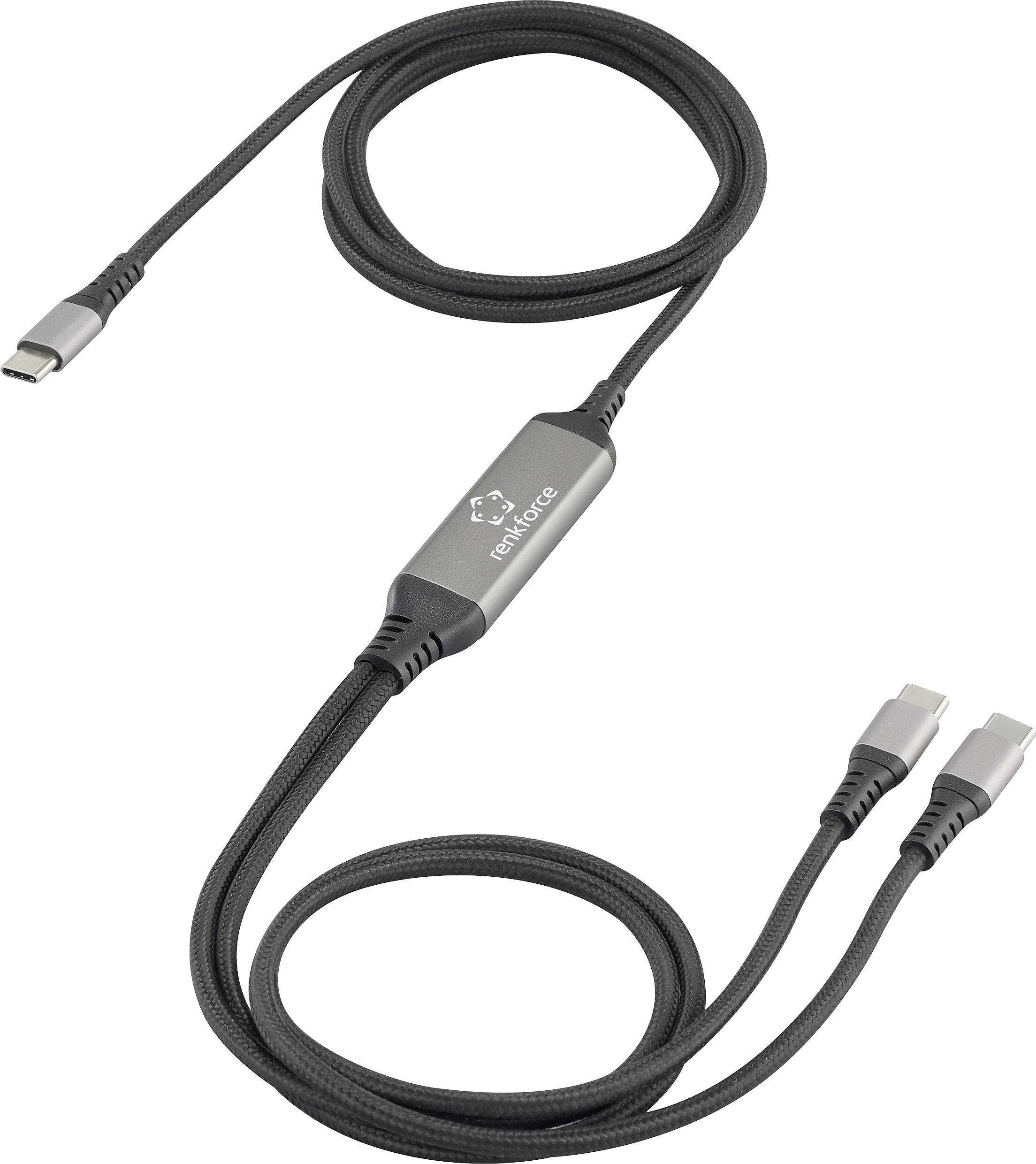 USB-C-Kabel, das sich in zwei Ausgänge aufteilt. Ideal zum gleichzeitigen Laden mehrerer Geräte. Text auf dem Kabel: 'tetchforce'.