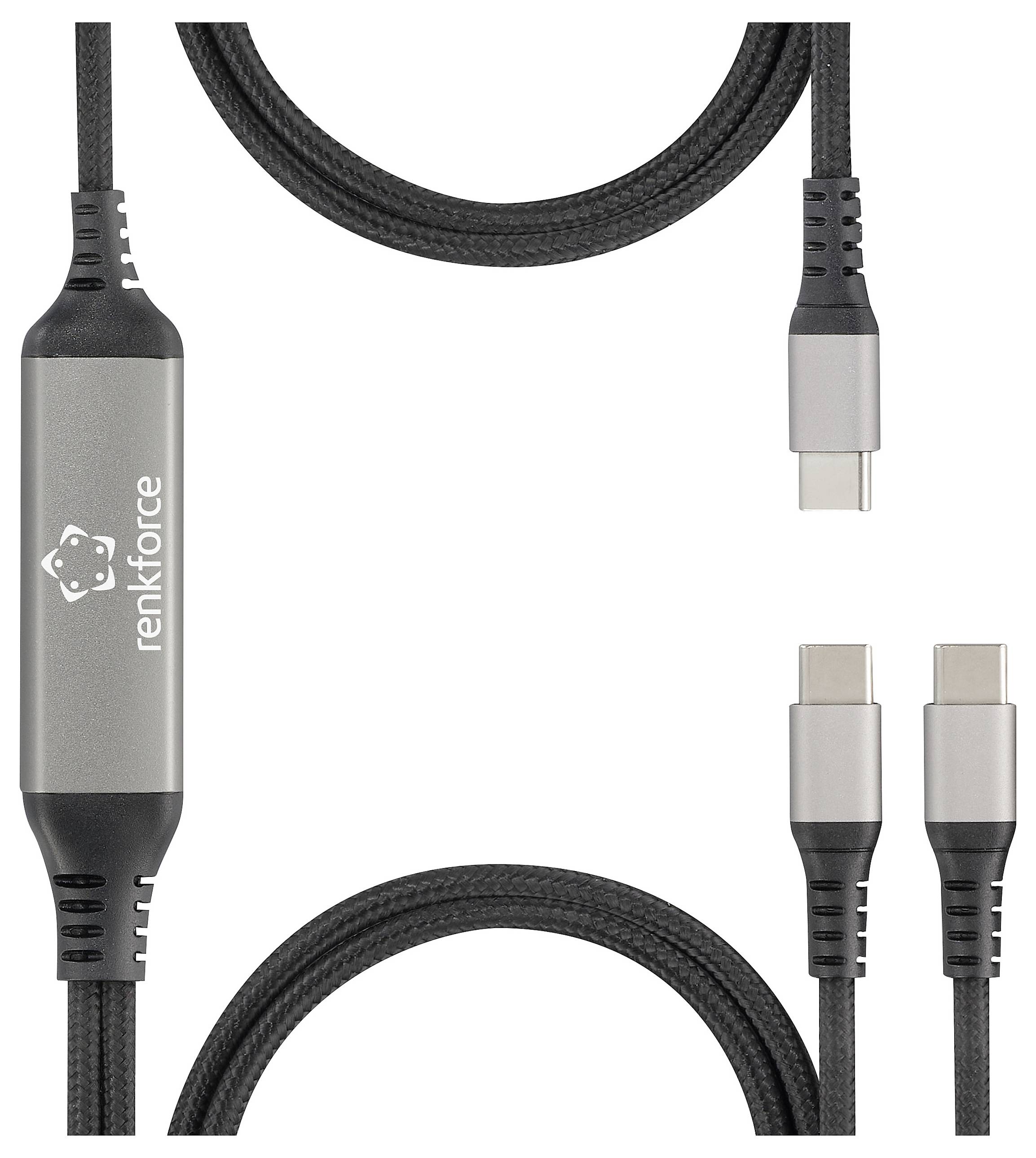 USB-C-Kabel von Renkforce, schwarz und grau, mit textilem Kabelmantel. Geeignet für Datenübertragung und Ladefunktion.