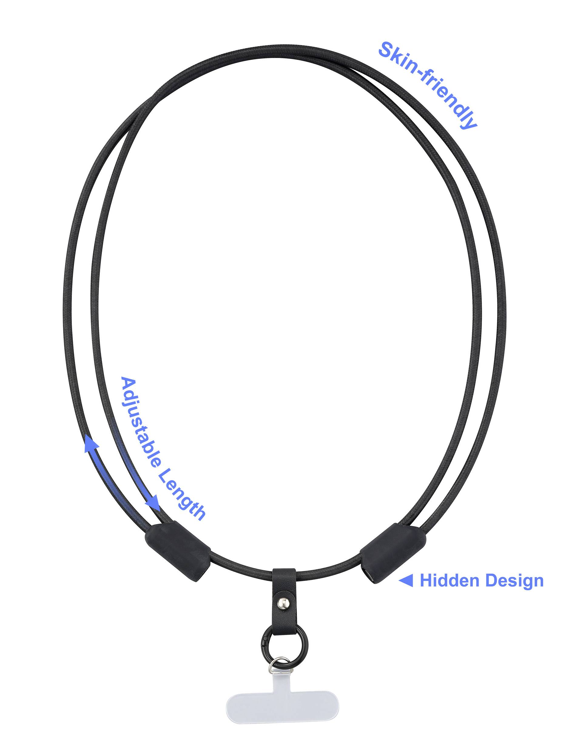 Schwarzes, verstellbares Lanyard mit 'Hautfreundlich'- und 'Verstecktes Design'-Beschriftungen in Blau. Ideal für sicheren Halt.