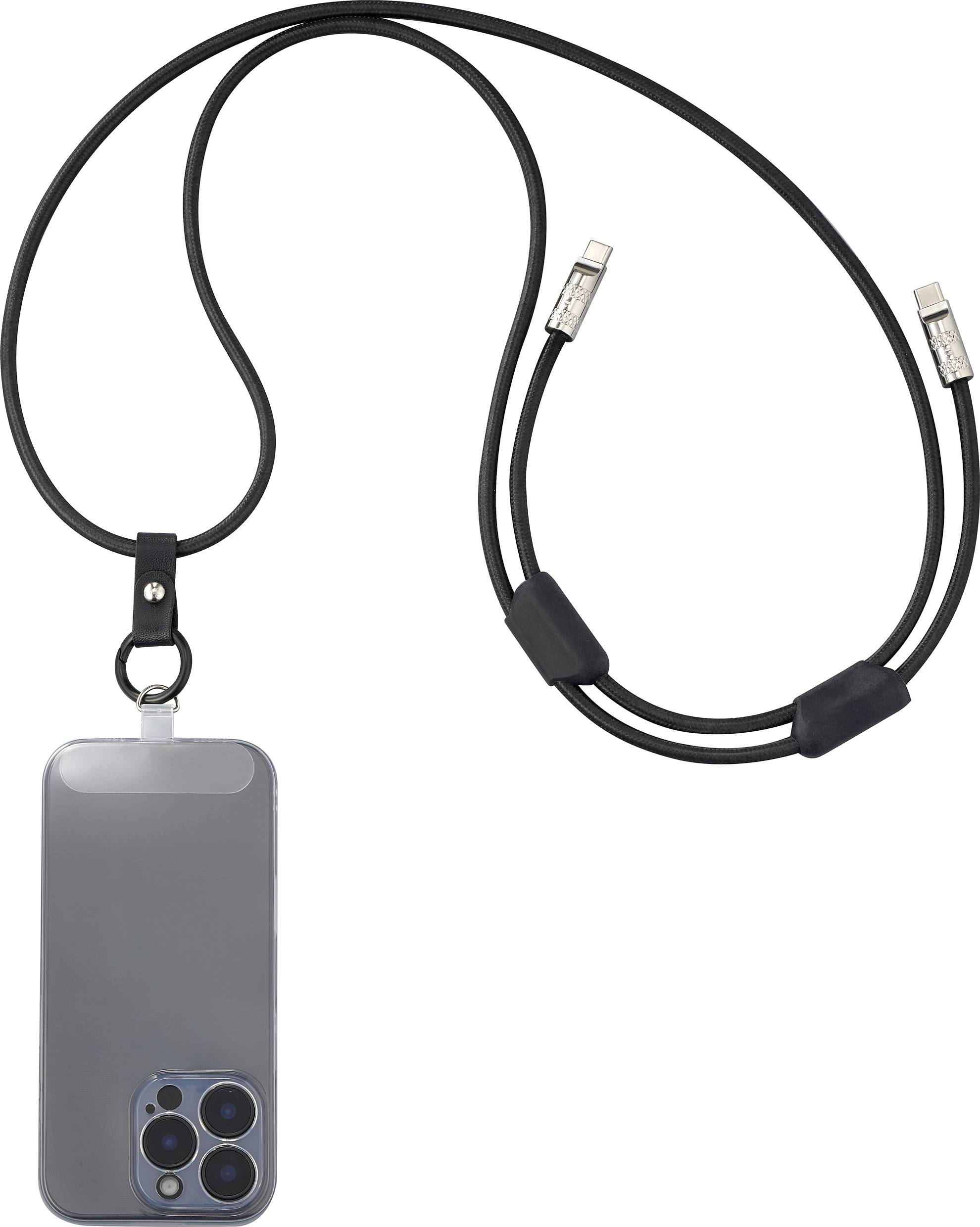 Ein Smartphone mit grauer Hülle an einer schwarzen Umhängekordel, die an beiden Enden mit Clips versehen ist.