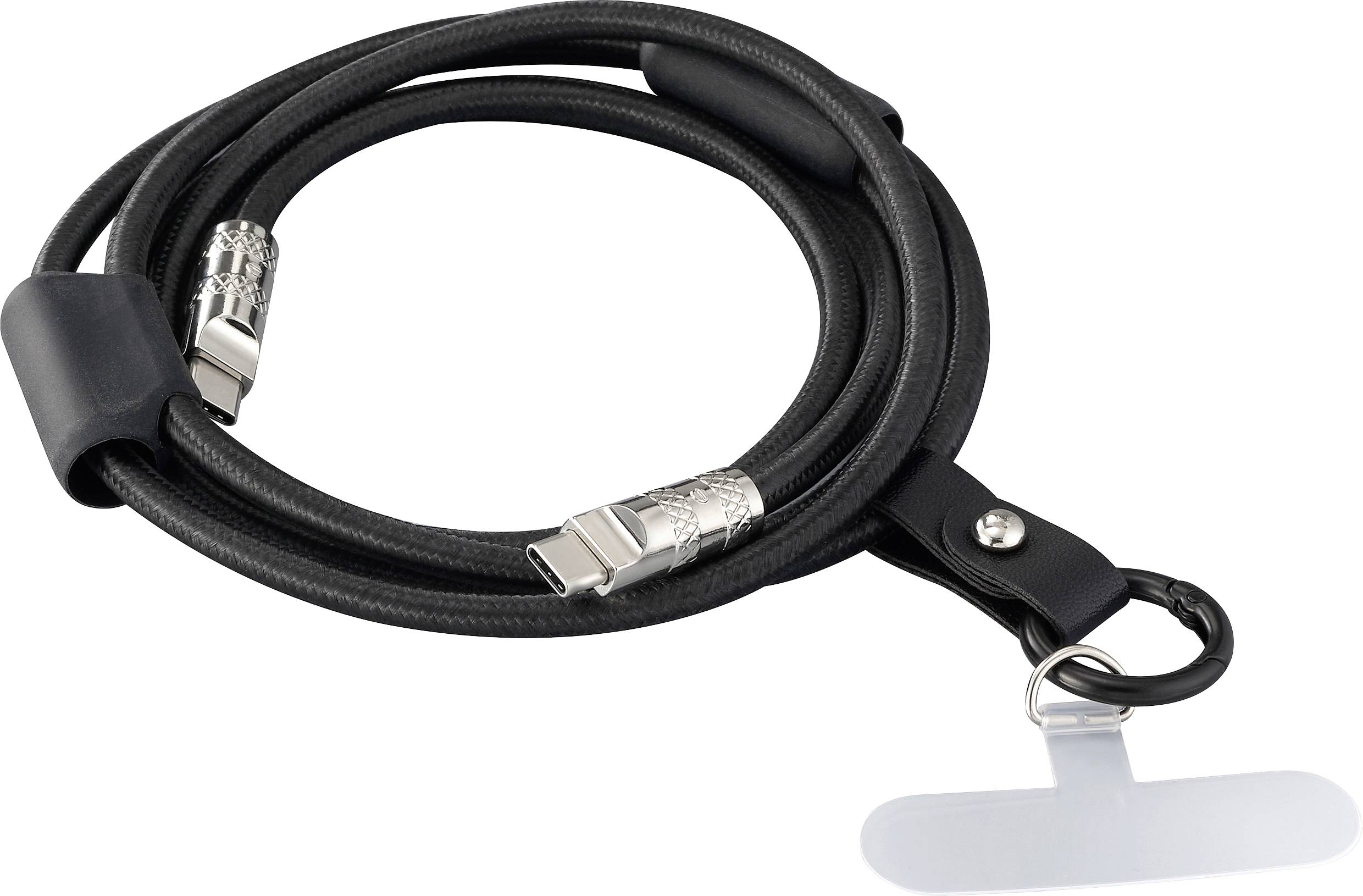 Ein schwarzes USB-Kabel mit Metallanschlüssen und einem befestigten schwarzen Lederband mit Schlüsselring.
