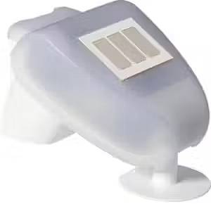 Ein weißes, ergonomisch geformtes Produkt mit zwei solarbetriebenen Zellen auf der Oberseite, möglicherweise ein Solargerät.