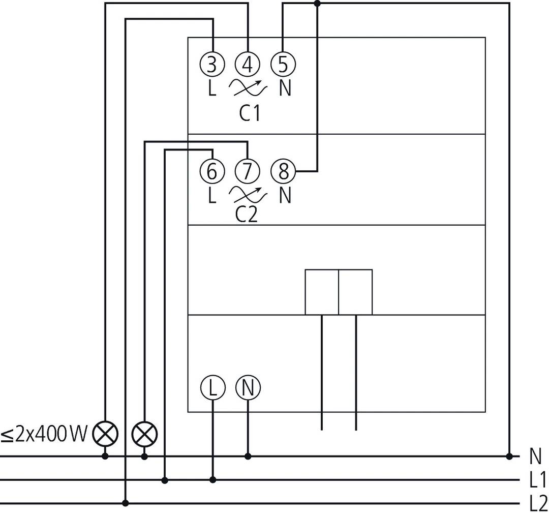Schaltplan eines elektronischen Geräts mit zwei Kreisen, C1 und C2, sowie Anschlüssen L, N, 230V, zwei Lampen und Schaltern.