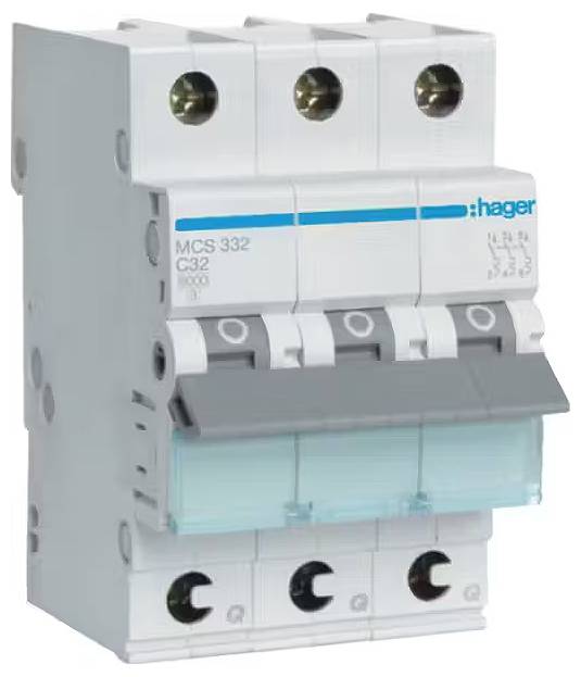 Ein grauer dreipoliger Schutzschalter mit blauer Hager-Markierung und Beschriftung 'MCS 332 G32'.