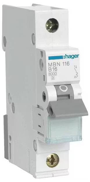 Abbildung eines weißen Leistungsschalters von Hager mit grauem Hebel, Typ MBN 116 B16, für den Einsatz in elektrischen Schaltungen.