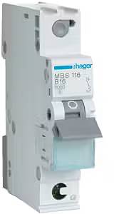 Ein grauer Schutzschalter mit blauer Beschriftung und Hebel, Modell 'MBS 116 B16', verwendet in elektrischen Verteilerkästen zur Stromkreisunterbrechung.