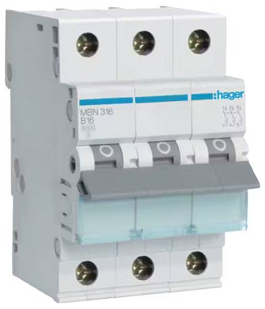 Ein dreipoliger Leistungsschutzschalter mit der Aufschrift 'Hager MBN 316 B16'. Er dient zum Schutz elektrischer Stromkreise vor Überlastung oder Kurzschluss.