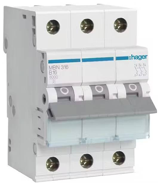 Ein dreipoliger Leitungsschutzschalter mit der Aufschrift 'B16'. Er dient zum Schutz elektrischer Stromkreise vor Überlastung und Kurzschluss.