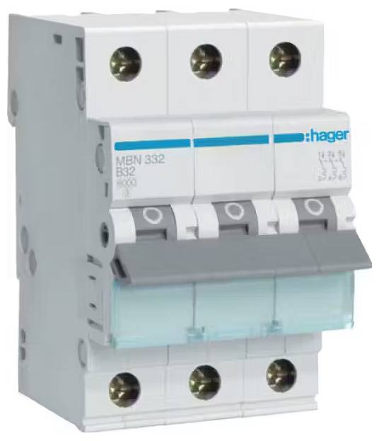 Automatischer Sicherungsschalter der Marke Hager, Modell MBN 332 B32. Dient zum Schutz elektrischer Schaltungen vor Überlast.