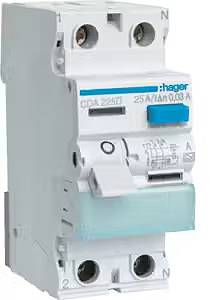 Ein FI-Schalter von Hager mit blauem Schalterhebel und Nennstromangaben von 25A/0,03A für Schutz vor elektrischen Fehlerströmen.