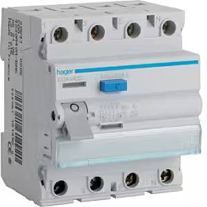 Ein FI-Schutzschalter mit vier Polen zum Schutz vor elektrischen Störungen, im Gehäuse mit blauer Prüfungstaste und Beschriftungen.