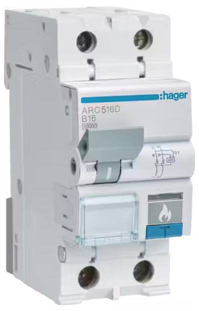 Leitungsschutzschalter von Hager, Modell ARC 516D B16, mit Symbolen zu Strom und Flammen. Wird zur Vermeidung von Kurzschlüssen genutzt.