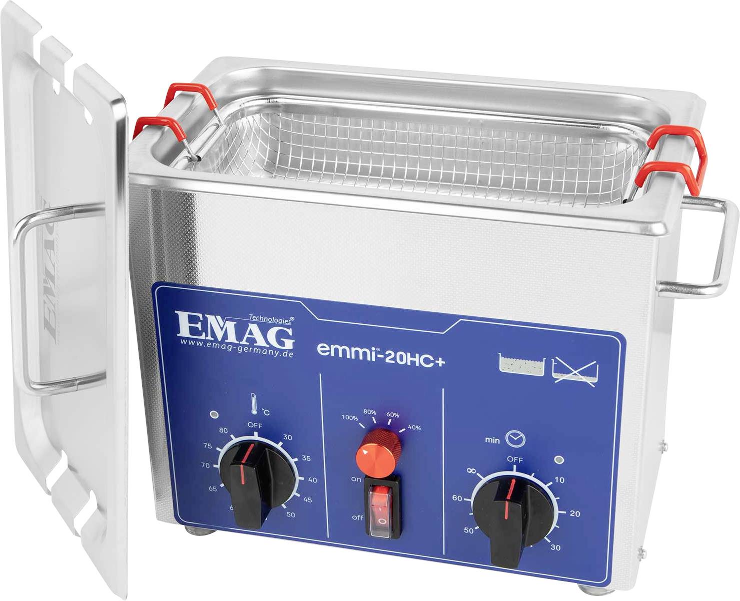 'EMAG Emmi-20HC+' Ultraschallreiniger mit geöffnetem Deckel, blauem Bedienfeld mit zwei Drehknöpfen und Edelstahlkorb.