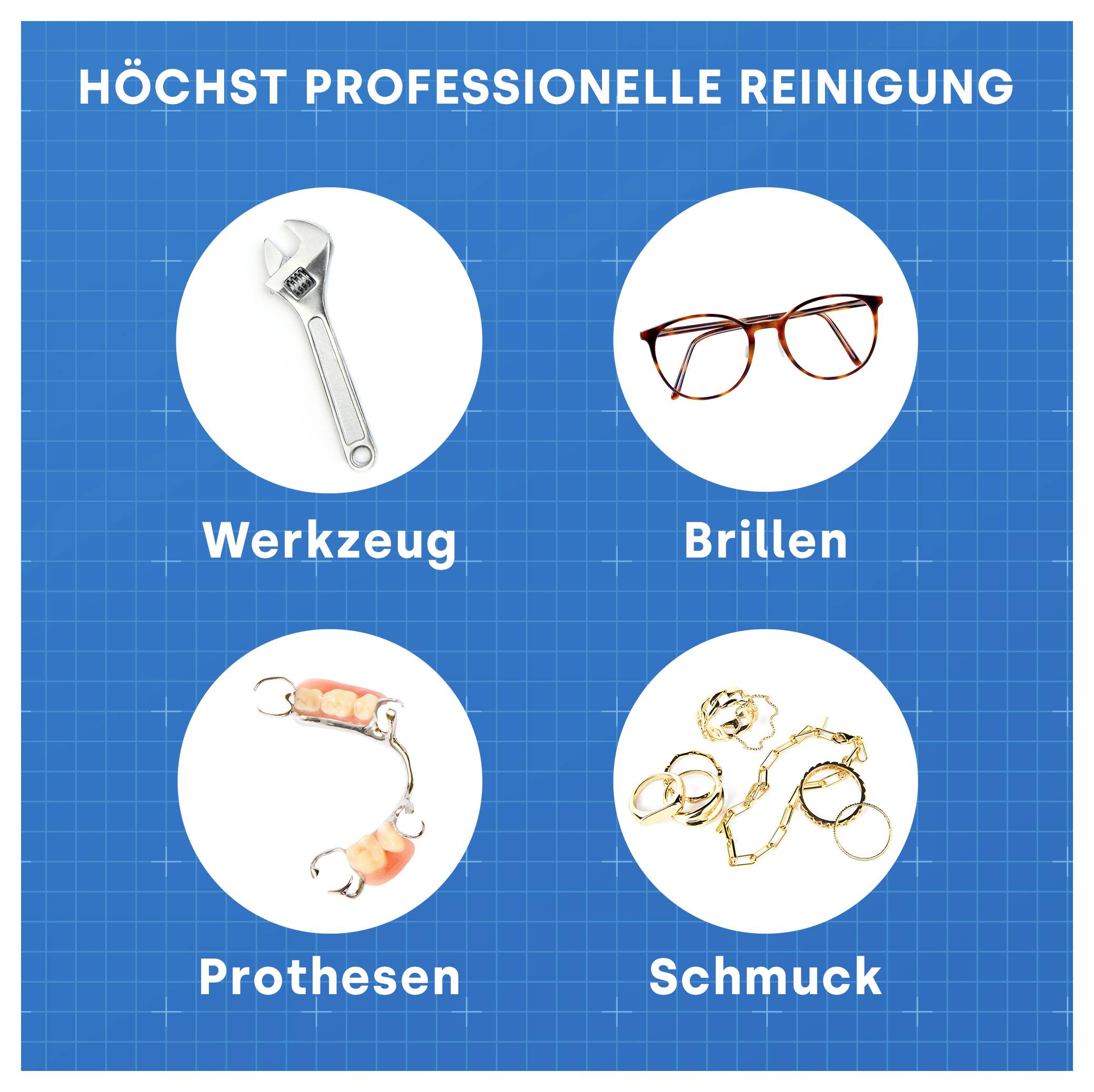 Infografik zur 'höchst professionellen Reinigung' mit vier Kategorien: Werkzeug, Brillen, Prothesen und Schmuck, jeweils als Bild in einem Kreis dargestellt.