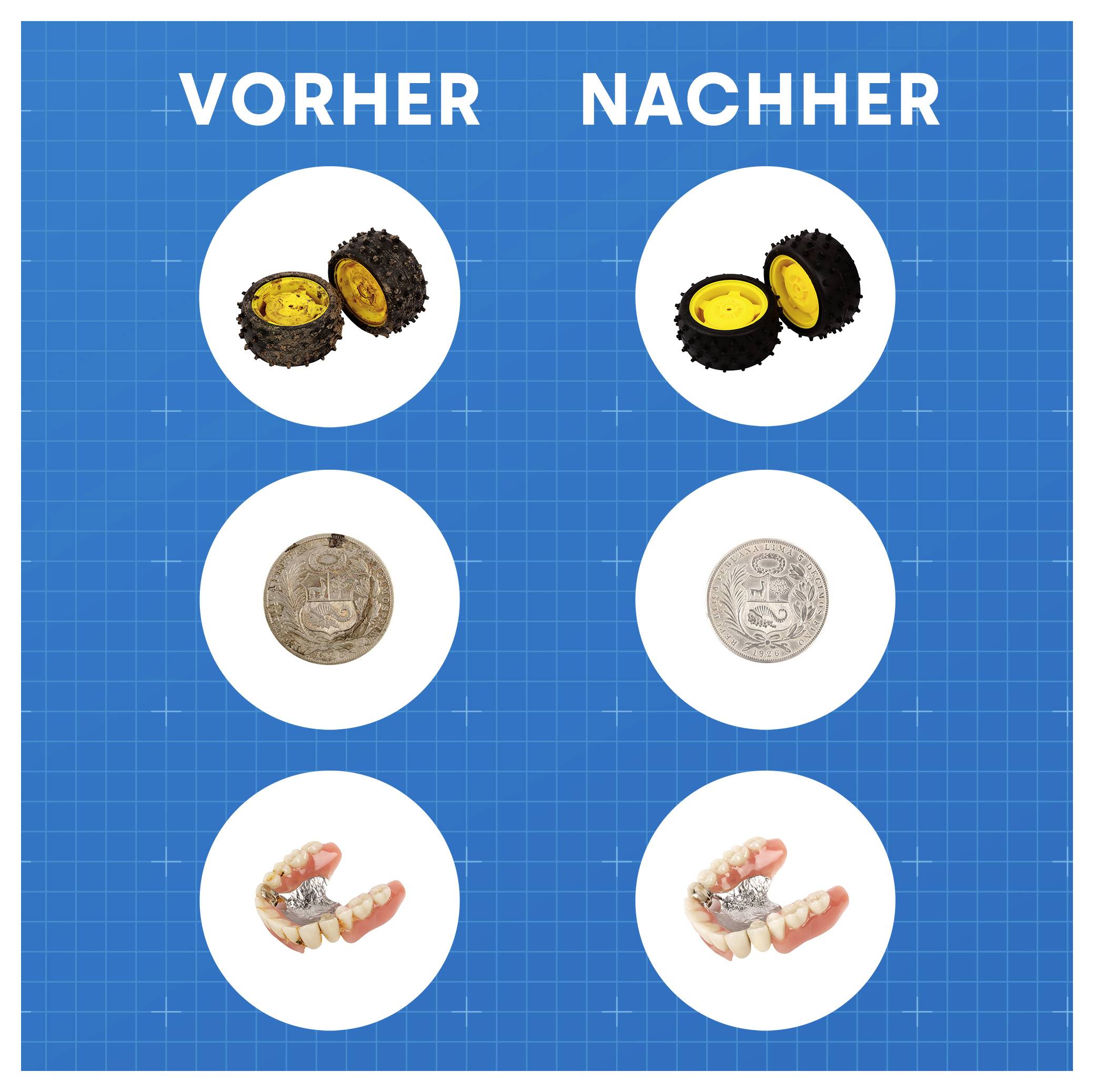 Vorher-Nachher-Vergleich von drei Münzen oder Medaillen; rechts jeweils die nachgereinigte, hellere und klarer sichtbare Version.